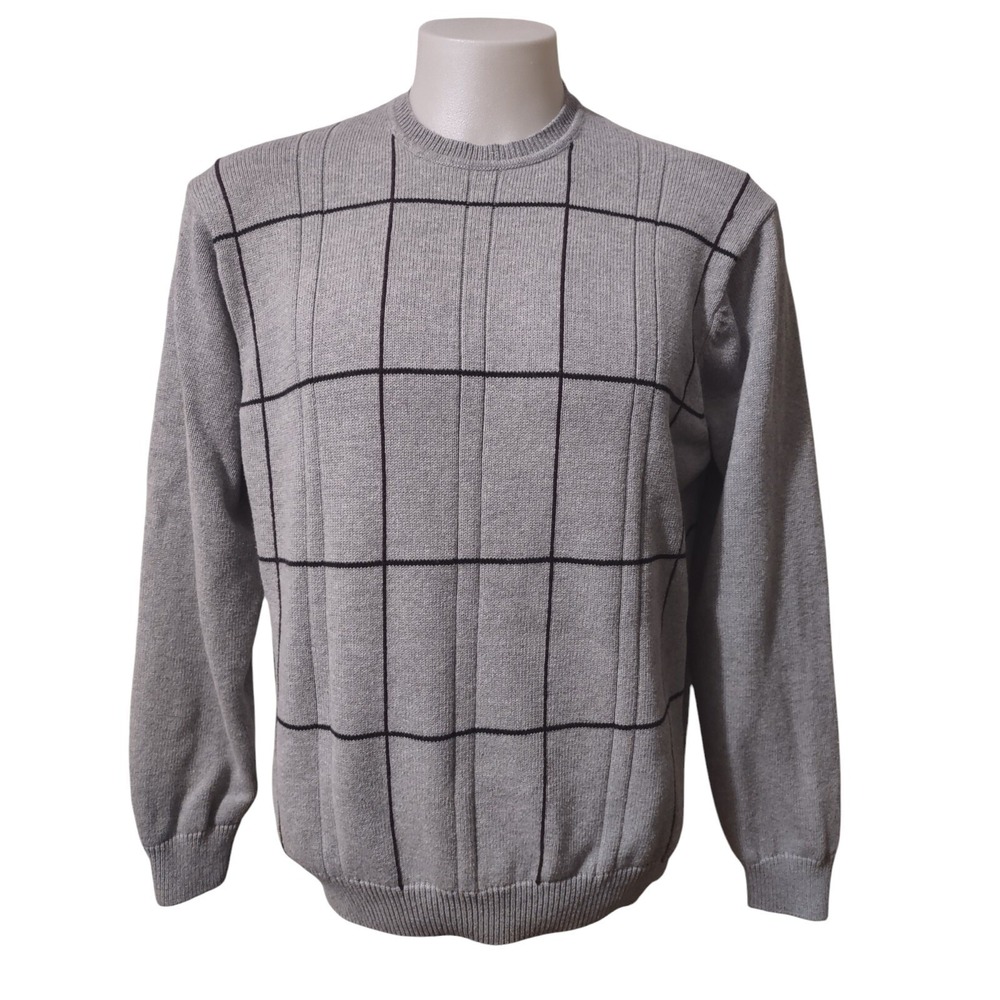 David Taylor Sweater XL Windowpane Grid Gray Cabin Core Norm Core Knit Pullover